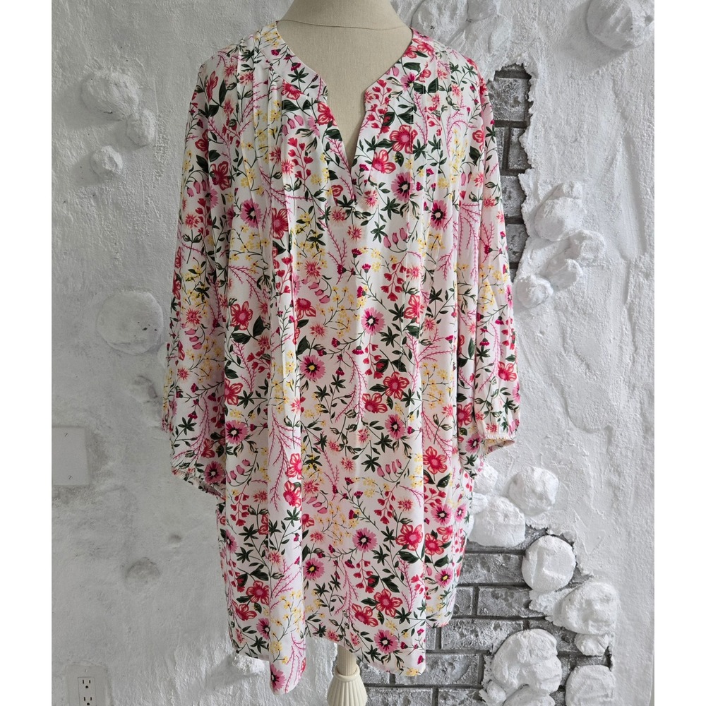 BloomChic Pink Yellow Floral Split V-Neck Pintuck Tunic Blouse Size 28 Summer
